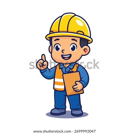 Cartoon engineer raising finger holding clipboard in safety gear for construction