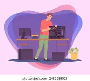 Cartoon engineer repairing computer system unit. Technician fixing PC hardware flat vector illustration. Repair service, technology concept for banner, website design or landing page