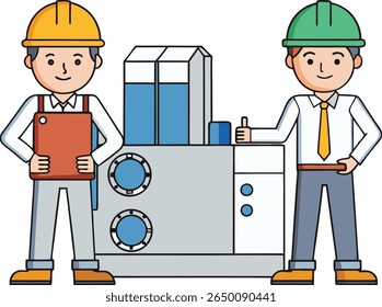 "Engenheiros de desenhos animados com capacetes inspecionando máquina de fábrica: Trabalhadores industriais em equipamentos de segurança segurando a prancheta e dando Polegares para cima - Engenharia, fabricação e ilustração do local de trabalho"