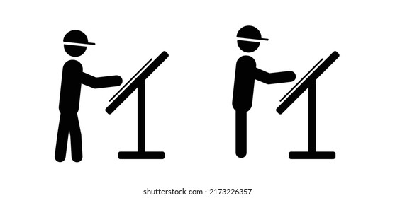 Cartoon Engineers Manager, Architect Planning Concept. Stickman, Stick Figure Man With Drawing Table And Sketch Paper. Office Workspace. 