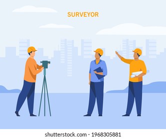 Cartoon engineers taking measurements with surveyor. Flat vector illustration. Survey engineers or topographists working on project wearing hard hats. Engineering, construction, occupation concept