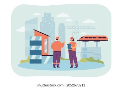 Cartoon engineers working on railway construction. Building railroad, industrial management flat vector illustration. Civil infrastructure or engineering, industry concept for banner, website design