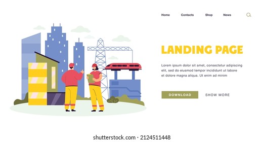 Cartoon engineers working on railway construction. Building railroad, industrial management flat vector illustration. Civil infrastructure or engineering, industry concept for banner, website design