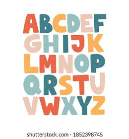 Cartoon English alphabet. ABC. Funny hand-drawn graphic font. Uppercase letters. Design for typography poster, card. Colorful modern vector illustration