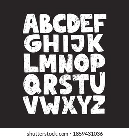 Cartoon English alphabet. ABC. Funny hand-drawn graphic font. Uppercase letters on black background. Design for typography poster, card. Modern vector illustration