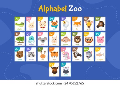 Cartoon English alphabet for children with cute animals.
