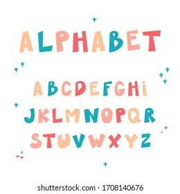Cartoon english alphabet. Handwritten creative font, lettering. Vector illustration on isolated background