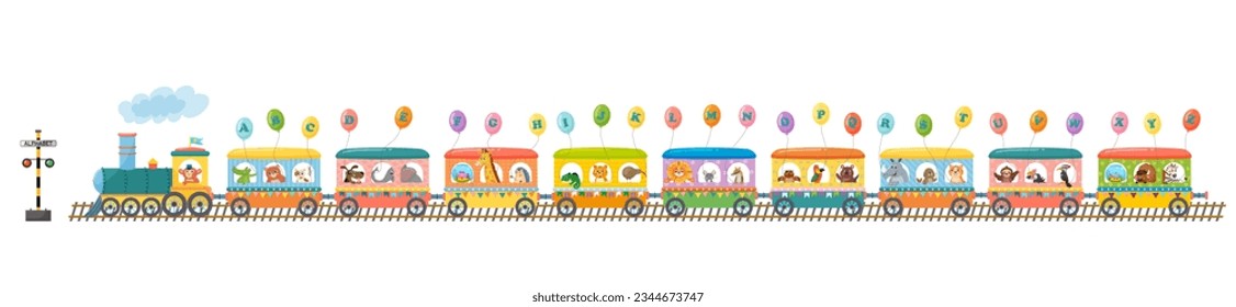 Cartoon english alphabet train, animal, balloon, child, preschool education, learning, studying, letter, childish. Colourful wagon. Locomotive. Fox, bear, alligator, cat, dog. Vector illustration.