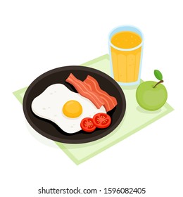 Cartoon english breakfast with eggs, bacon, tomatoes and juice, apple isolated on white. Color vector illustration of breakfast in black plate and drink use for label and menu cafe.