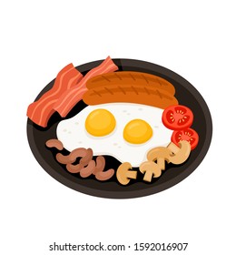 Cartoon english breakfast with sausages, eggs, bacon, tomatoes and mushrooms isolated on white background. Color vector illustration of breakfast in black plate use for label and menu cafe.