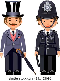 Cartoon english gentleman & British metropolitan police officers. Traditional authentic helmet 