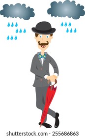 A cartoon English gentleman with a handlebar mustache, wearing a black bowler hat and carrying a red umbrella