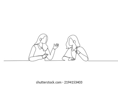 Cartoon Of Enthusiastic Employee Sharing New Project Ideas With Female Boss. Single Continuous Line Art Style