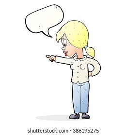 cartoon enthusiastic woman pointing with speech bubble
