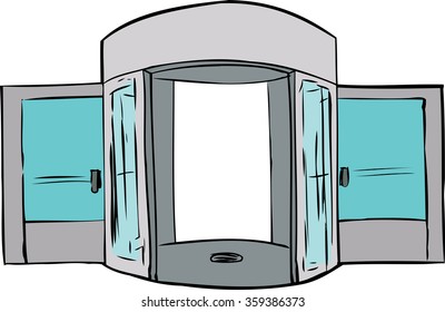 Cartoon of entrance with missing revolving door