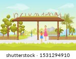 Cartoon Entrance Park Panorama Background Card Children and Parents Leisure Concept Element Flat Design Style. Vector illustration