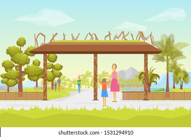 Cartoon Entrance Park Panorama Background Card Children and Parents Leisure Concept Element Flat Design Style. Vector illustration
