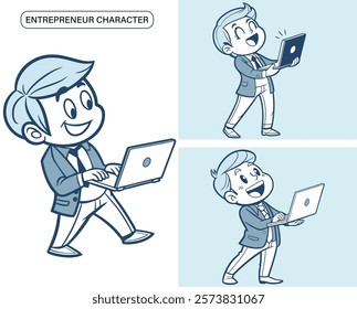 A cartoon entrepreneur character is holding a laptop. He is smiling and he is happy. The laptop is open and the screen is visible