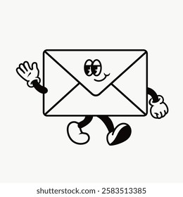 Cartoon envelope character with arms and legs, smiling and waving. Black and white illustration of a friendly, animated envelope. Fun and playful design. Line art illustration vector.