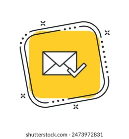 Sobre de dibujos animados con Ilustración vectorial de marca de verificación. Carta con marca de verificación sobre fondo cuadrado amarillo aislado. Concepto de correo.