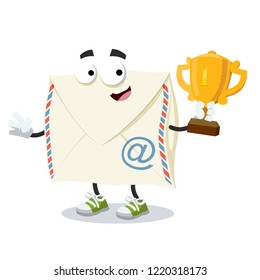 cartoon envelope with a email symbol mascot holds the number one cup on white background