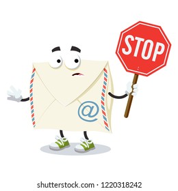 cartoon envelope with a email symbol mascot with tablet stop in hand on white background