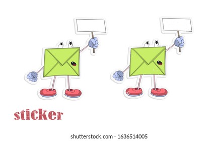 Cartoon envelope holds a sign. Vector illustration in the form of a sticker.