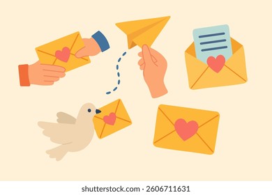 Cartoon envelope icons with hearts, letters, hands and a bird delivering sweet messages.