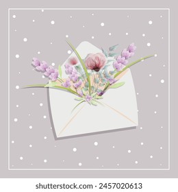 Cartoon Envelope with Watercolor Flowers (Poppies and Lavender). Greeting Illustration with Birthday, Mother's Day, Valentine's Day. Summer Themed Illustration.