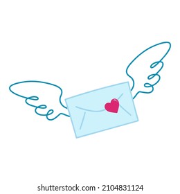 Cartoon envelope with wings.  Valentine. Vector illustration, isolated on a white background. Valentine's day.