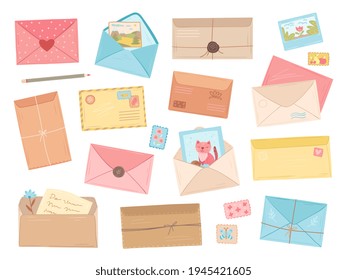 Cartoon envelopes. Flat envelope, pen or pencil for hand lettering. Paper letter with branches, cute cards for post and love message exact vector set