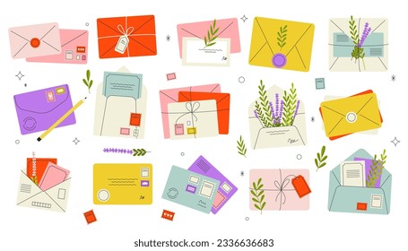 Cartoon envelopes with letters. Open and closed blank postcards with address and stamp, send and receive greeting cards mockup with postmarks. Vector set of envelope paper for message illustration