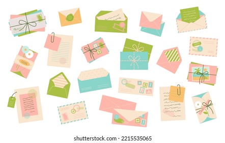 Cartoon envelopes, paper mail, postcards with stamps and postmarks. Writing letter concept. Wax seal envelope with flowers, post card set. Flat vector illustration