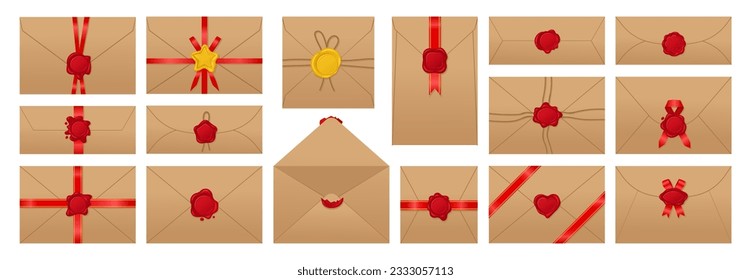Cartoon envelopes with wax seals. Blank paper envelopes decorated with postage red seal stamps with ribbon flat vector illustration set. Vintage postal letters