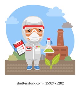 Cartoon environmental scientist measures soil pollution near a factory. Composition with a professional. Flat character.