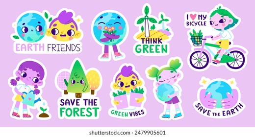 Conjunto de pegatinas ambientales de dibujos animados para niños. Vector colorida ecología colección con niños lindos.	