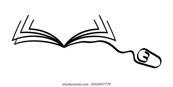Cartoon epub books or ebooks. Open book and pages with mouse. Download for eReader. Line drawing. Opened books sign. Digital book store logo. Flying pages. World book day. Online library shop.