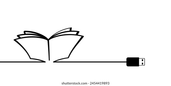Cartoon epub books or ebooks. Open book and pages with mouse. Download for eReader. Line drawing. Opened books sign. Digital book store logo. Flying pages. World book day. Online library shop.