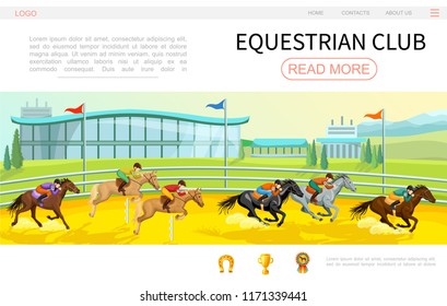 Cartoon equestrian competition web page template with jockeys riding horses on stadium horseshoe cup medal icons vector illustration