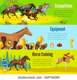 Cartoon equestrian horizontal banners with horserace awards equipment and repetition before competition vector illustration