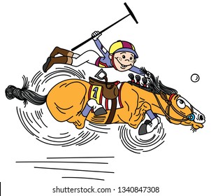 cartoon equestrian polo sport . Player little boy riding a pony horse and holding a mallet stick to hit a ball .The  horse in gallop . Vector illustration