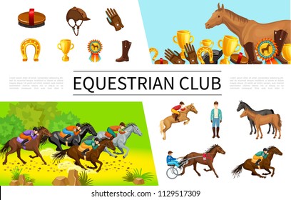 Cartoon equestrian sport composition with jockeys riding horses on horseback and in chariot brush cap glove cup medal boot horseshoe vector illustration