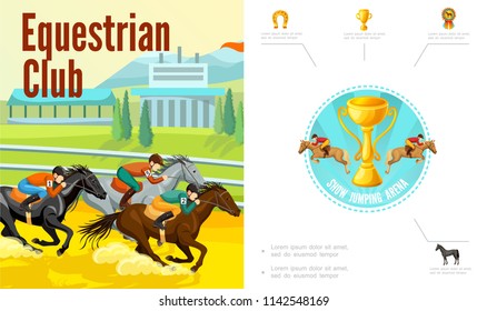 Cartoon equestrian sport composition with jockeys riding horses trophy cup horseshoe medal vector illustration