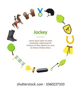 Cartoon Equipment Jockey Banner Card Circle Sport Concept Flat Design Style. Vector illustration of Equipments Equestrian