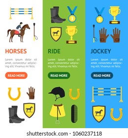 Cartoon Equipment Jockey and Element Banner Vecrtical Set Sport Concept Flat Design Style. Vector illustration of Equipments Equestrian