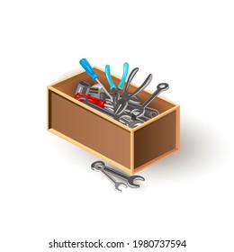 Cartoon equipment to repair house furniture, fix auto vehicle, carpentry works. Vector wrench, screwdriver, pliers. Idea of toolkit, mechanic toolbox isolated on white background