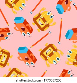 Cartoon Eraser, Backpack, Pencil. Seamless Vector Pattern Design Background