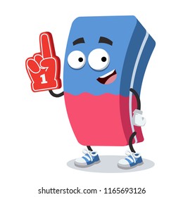 cartoon eraser character mascot with the number 1 one sports fan hand glove on a white background