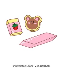 Cartoon eraser. Cute eraser in shape of bear. Pink yellow colors. Hand drawn stationery supplies doodle. Vector design illustration isolated on white background.