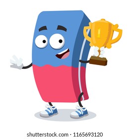 cartoon eraser mascot holds the number one cup on white background